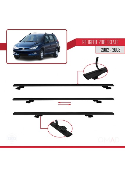 Peugeot 206 Estate 2002-2008 Arası ile Uyumlu Basıc Model Ara Atkı Tavan Barı Siyah