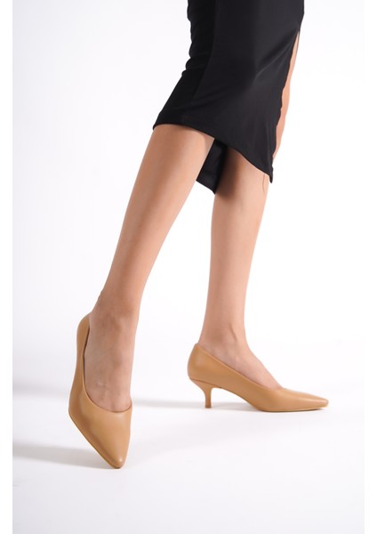 MBALM732BJ Hakiki Deri Bej 4 cm Kısa Topuklu Sivri Burun Kadın Stiletto&topuklu Ayakkabı