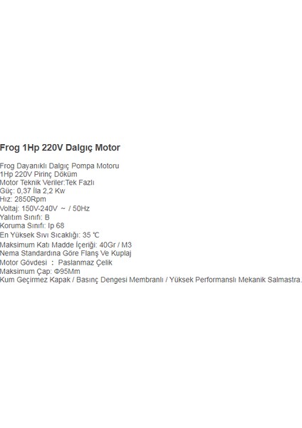 Frog 1 HP-220V-4" Derinkuyu Dalgıç Pompa Motoru-Kademesiz