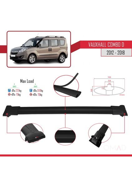Vauxhall Combo D 2012-2018 Arası ile Uyumlu Fly Model Ara Atkı Tavan Barı Siyah 3 Adet Bar