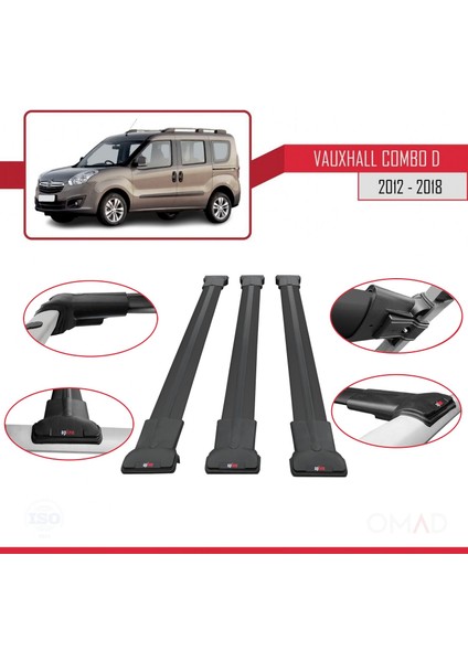 Vauxhall Combo D 2012-2018 Arası ile Uyumlu Fly Model Ara Atkı Tavan Barı Siyah 3 Adet Bar