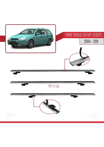 Ford Focus Estate (C307) 2004-2011 Arası ile Uyumlu Basıc Model Ara Atkı Tavan Barı Gri
