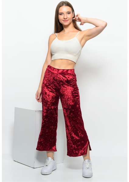 Kadın Beli Lastikli Yandan Yırtmaçlı Janjanlı Kadife Pantolon Kırmızı