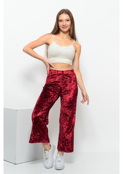 Kadın Beli Lastikli Yandan Yırtmaçlı Janjanlı Kadife Pantolon Kırmızı indirimleri