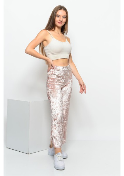 Kadın Beli Lastikli Yandan Yırtmaçlı Janjanlı Kadife Pantolon Toz Pembe modelleri