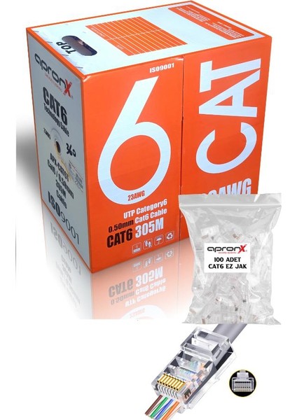 Cat6 23AWG 305M 0,50MM Turuncu Utp Kablo + 100 Adet Ez Jak