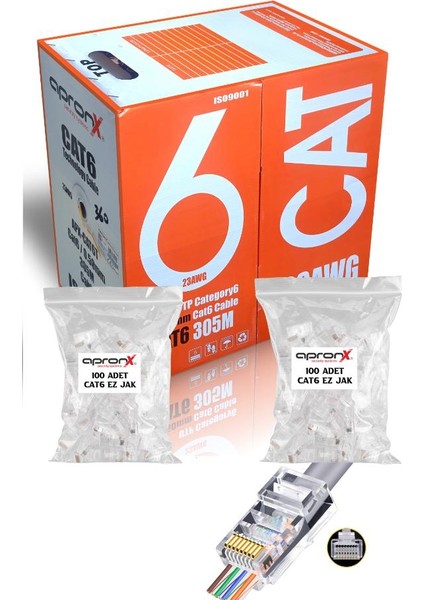 Cat6 23AWG 305 Metre 0,50MM Utp Kablo + 200 Adet Ez Jak