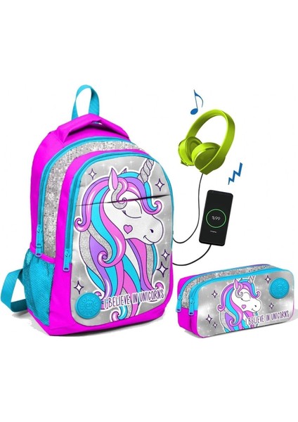 Coral High Kız Çocuk Unicorn Ilkokul Çantası Ve Kalemlik Seti - Usb Çıkışlı