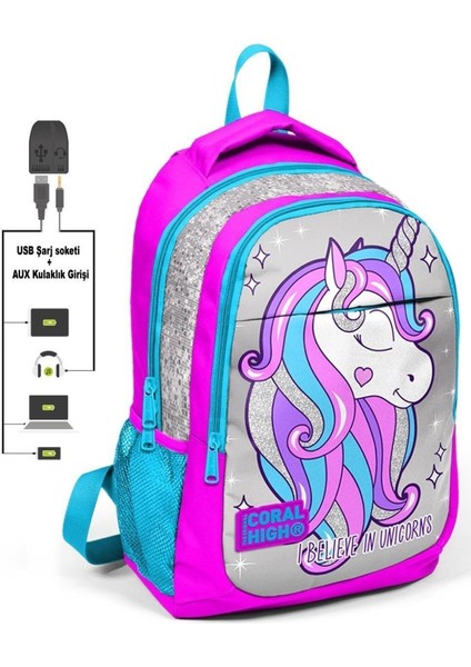 Coral High Kız Çocuk Unicorn Ilkokul Çantası Ve Kalemlik Seti - Usb Çıkışlı