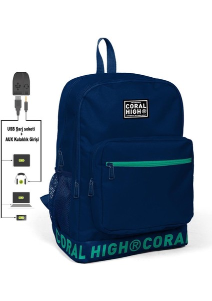 Nakış Logolu Usb Şarjlı Kulaklık Çıkışlı Lacivert Sırt Çantası 24107