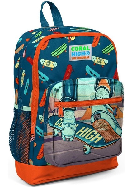 Kids Civit Neon Turuncu Kaykay Desenli Dört Bölmeli Okul Sırt Çantası 23723