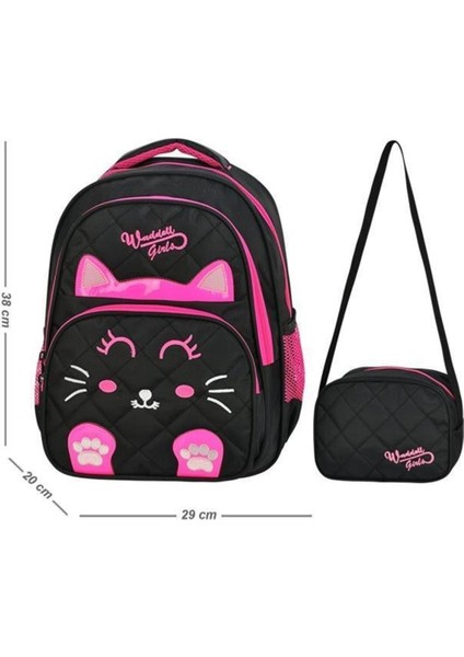 Okul ve Beslenme Çantası Seti 2 Parça Siyah Pembe Kedi Desenli 38x29x20 cm Dayanıklı