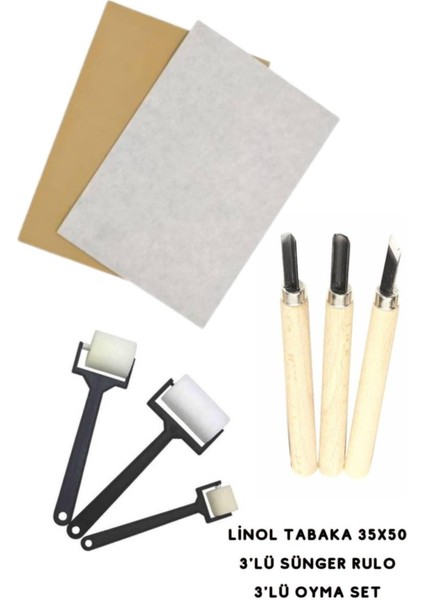 Linol Tabaka Linol Muşamba Levha 2.5 mm 35X50 cm 3'lü Sünger Rolo Merdane 3'lü Oyma Se