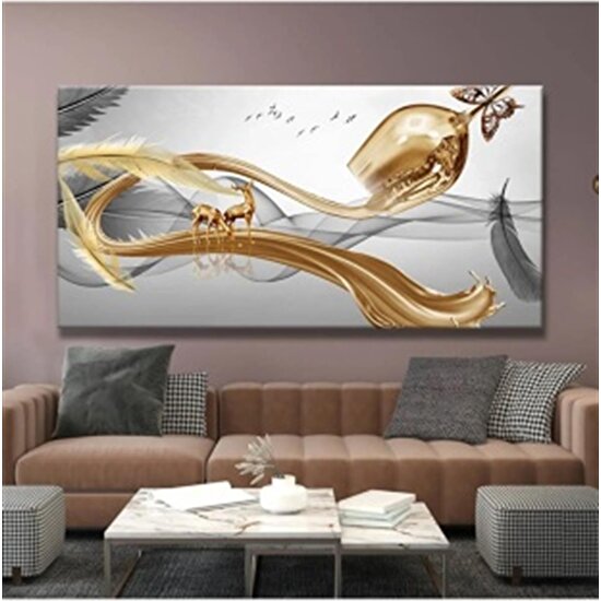 Nt Handmade Gold Geyik ve Kadeh 60X120CM Kanvas Tablo Salon Oturma Yatak Odası Ofis Antre Cafe Için Duvar Dekoru
