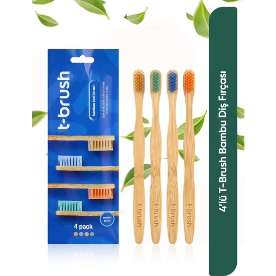 T-Brush Doğal Bambu Vegan Diş Fırçası - 4 Adet- Orta Sert - Plastiksiz