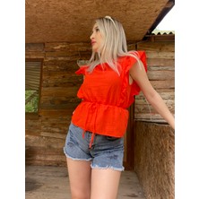 Meissa Fashion Fırfırlı Kol Detaylı Kolsuz Crop