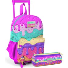 Coral High Minik Yuva Çekçekli Sırt Çantası Pembe Rengarenk Dondurma Desenli Iki Bölmeli Çanta Seti