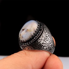 İpek Silver 925 Ayar Gümüş Yemen Akik Taşlı Kalem Motifli Yüzük