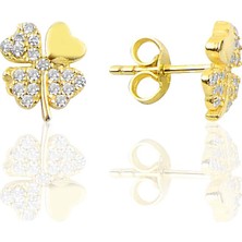 Söğütlü Silver Gümüş Altın Yaldızlı Zirkon Taşlı Yonca Modeli Küpe SGTL10068GOLD