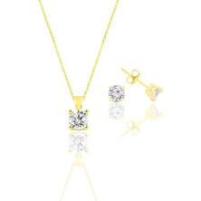 Söğütlü Silver Gümüş Altın Yaldızlı Tek Taş Kolye ve Küpe Gümüş Set SGTL10592GOLD