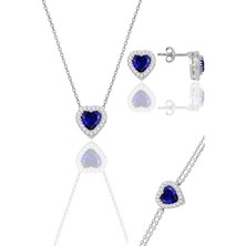 Söğütlü Silver Gümüş Rodyumlu Safir Taşlı Pırlanta Modeli Kalp Kolye, Küpe, Bileklik Üçlü Set SGTL12211LACIVERT