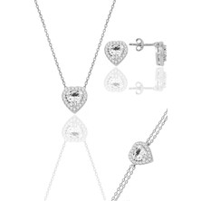 Söğütlü Silver Gümüş Rodyumlu Zirkon Taşlı Pırlanta Modeli Kalp Kolye, Küpe, Bileklik Üçlü Set SGTL12211BEYAZ