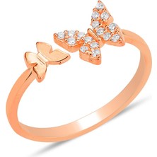 Söğütlü Silver Gümüş Rose Zirkon Taşlı Üstten Ayarlanabilir Uçan Kelebekler Yüzük SGTL12226ROSE