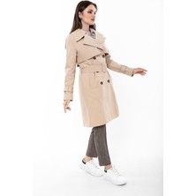 Pastelastore  Pamuk Gabardin Midi (95CM) Astarlı Kemerli Kadın Trençkot 1113