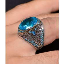Prestige Gümüş Aquamarine Taşlı Turkuaz Taş Süslemeli 925 Ayar Gümüş Erkek Yüzüğü