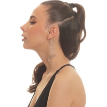 Labalaba Kadın Gümüş Renk Lak Kaplama Tek Taş Detaylı Sallantılı Yıldız Charm Earcuff&kıkırdak Küpe