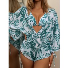 Gjob Şık Bayan Bikini Mayo Set 3 Parça Havuz Başı Plaj Set Yeşil Çiçek Medium