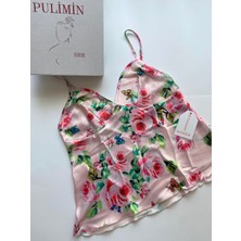 Pulimin She Pembe Saten Üzeri Gül Baskılı Askılı Üst Pijama Takımı