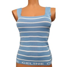 Pembecin Mavi Beyaz Çizgili Kare Yaka Atlet Triko Crop S / M / L Beden Uyumlu