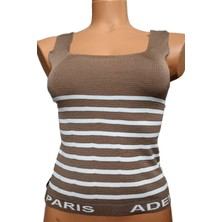 Pembecin Kahverengi Beyaz Çizgili Kare Yaka Atlet Triko Crop S / M / L Beden Uyumlu