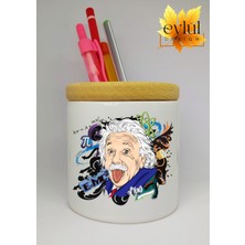 Eylül Design Einstein Baskılı Seramik Kalemlik Ahşap Detaylı Makyaj Fırça Kutusu Kalem Kutusu