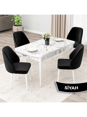 Canisa Concept Orf Serisi 80X132 Açılabilir Beyaz Mermer Desen Mutfak Masası Takımı ve 4 Sandalye