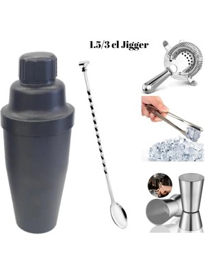 Adin Tasarım 5 Parça Kokteyl Seti Shaker 700 ml Jigger 1.5/3 cl Tokmaklı Buz Maşası