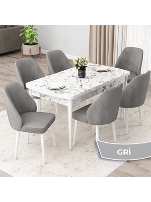 Canisa Concept Orf Serisi 80X132 Açılabilir Beyaz Mermer Desen Mutfak Masası Takımı ve 6 Sandalye