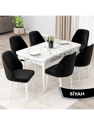 Canisa Concept Orf Serisi 80X132 Açılabilir Beyaz Mermer Desen Mutfak Masası Takımı ve 6 Sandalye