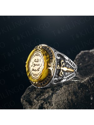 Takılingo 925 Ayar Gümüş Kehribar Taş Üzeri Mührü Şerif Yazılı Erkek Yüzük