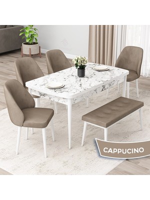 Canisa Concept Orf Serisi 80X132 Açılabilir Beyaz Mermer Desen Mutfak Masası Takımı 4 Sandalye ve 1 Bench