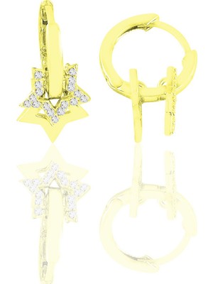 Söğütlü Silver Gümüş Altın Yaldızlı Zirkon Taşlı Yıldız Sallantılı Halka Küpe SGTL11152GOLD