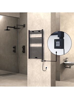 Radiva Haiti Elektrikli Havlupan 600X1000 Düz Siyah Mat (Ktx1 Termostat) 600 Watt Spiral Kablolu