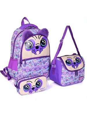 Muggle İlkokul Sırt Çantası Seti 3 Bölmeli Krem Mor Renkli 1 Adet Karakterli Tasarım