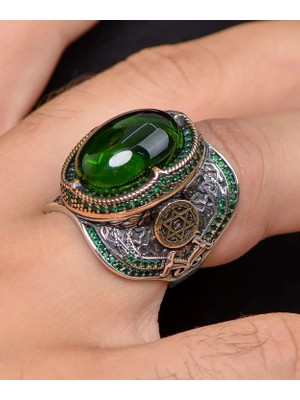 Prestige Gümüş Hz. Süleyman Mührü Yeşil Zirkon Taşlı 925 Ayar Gümüş Erkek Yüzüğü