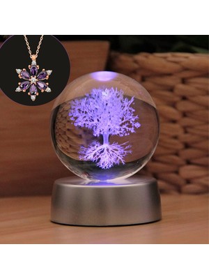 Keyfim Shop Renk Değiştiren Işıklı Tree Of Life Temalı Cam Küre 6cm ve Lotus Kolye Hediyeli