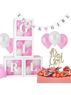 Kidspartim Şeffaf Kutu Gırl Yazılı Harf Beyaz 20 Adet Pembe Balon Hediyeli