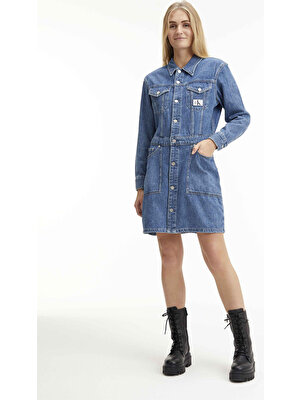 Calvin Klein Jeans Ceket Yaka Düz Mavi Diz Üstü Kadın Elbise J20J221269