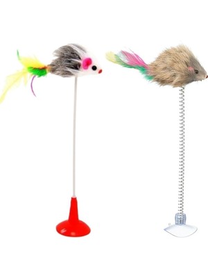 2li Vantuzlu Fareli Tüylü Hareketli Çanlı ve Esneyen Eğlenceli Peluş Kedi Oyuncağı