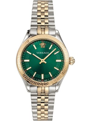 Versace Kadın Kol Saati – Quartz Mekanizma, Safir Cam, Çelik Kordon, 5 ATM Su Geçirmez, Altın-Gümüş Ton, Yeşil Kadran